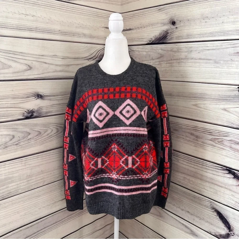 J. Crew Grey & Pink Patterned Wool Crewneck Sweater